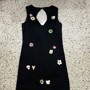 Nicole Miller New York black mini sundress floral appliqué open back 6